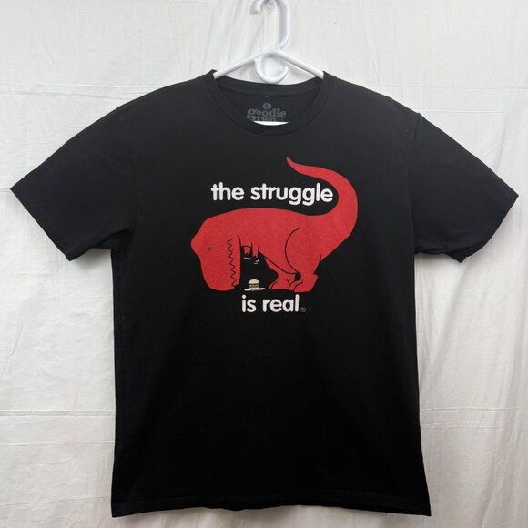 Goodie Two Sleeves T-Rex Reaching The Struggle Is Real Unisex L Tee Black Red - Picture 1 of 5